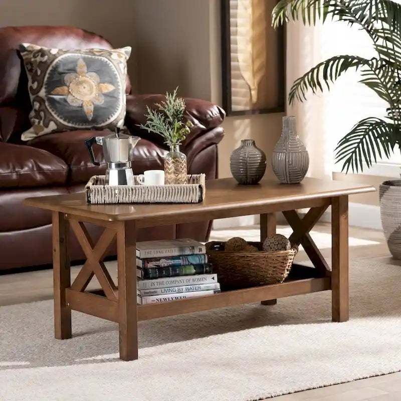 Table basse en bois massif noyer avec étagère inférieure