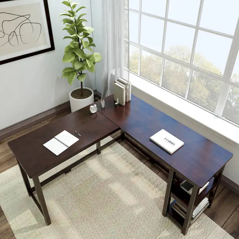 Bureau d'angle en L avec étagères de rangement