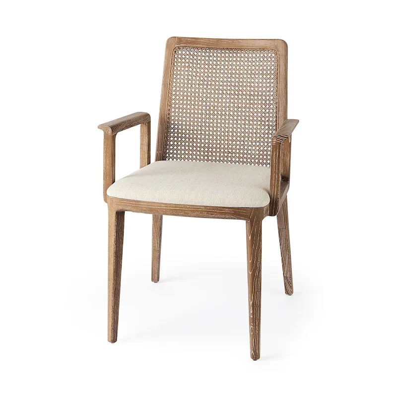 Chaise de salle à manger en bois massif avec assise en tissu crème et dossier en rotin