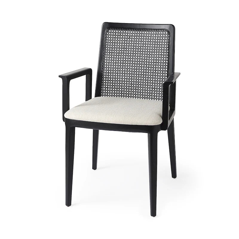 Chaise de salle à manger en bois massif avec assise en tissu crème et dossier en rotin