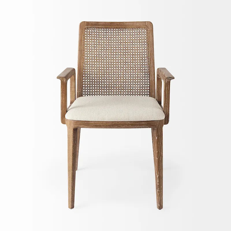 Chaise de salle à manger en bois massif avec assise en tissu crème et dossier en rotin