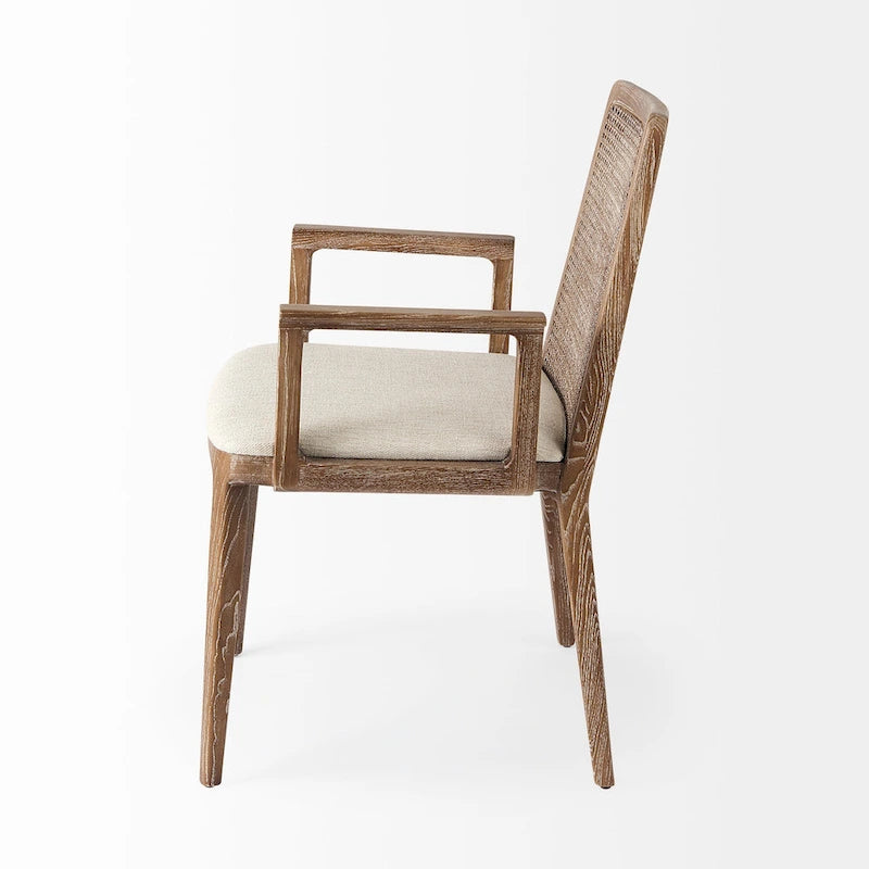 Chaise de salle à manger en bois massif avec assise en tissu crème et dossier en rotin