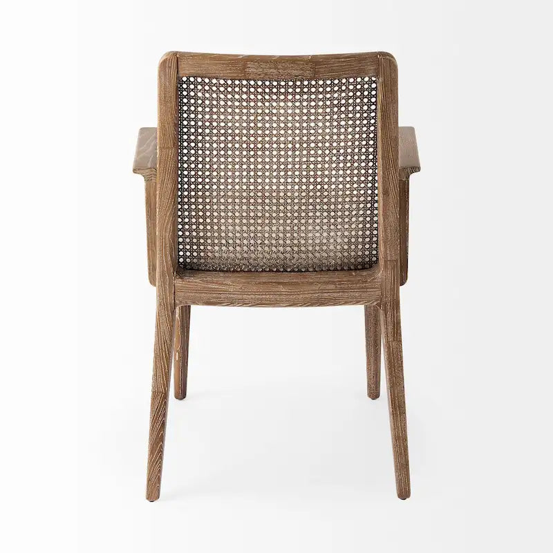 Chaise de salle à manger en bois massif avec assise en tissu crème et dossier en rotin