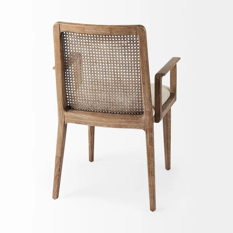 Chaise de salle à manger en bois massif avec assise en tissu crème et dossier en rotin