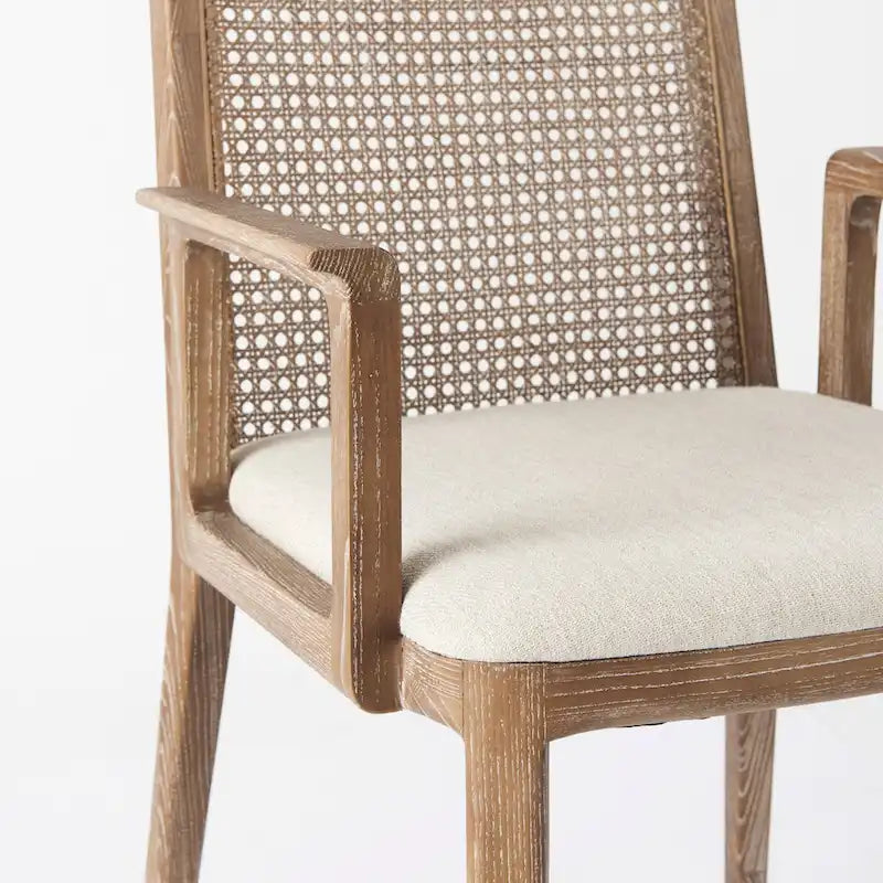 Chaise de salle à manger en bois massif avec assise en tissu crème et dossier en rotin