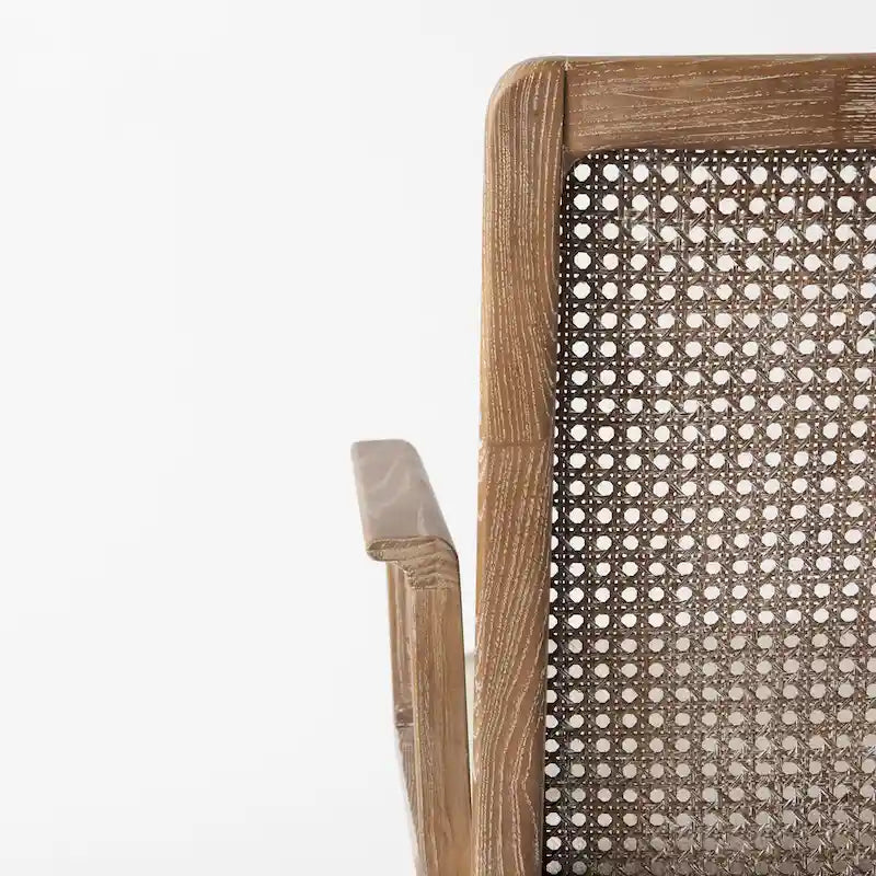 Chaise de salle à manger en bois massif avec assise en tissu crème et dossier en rotin