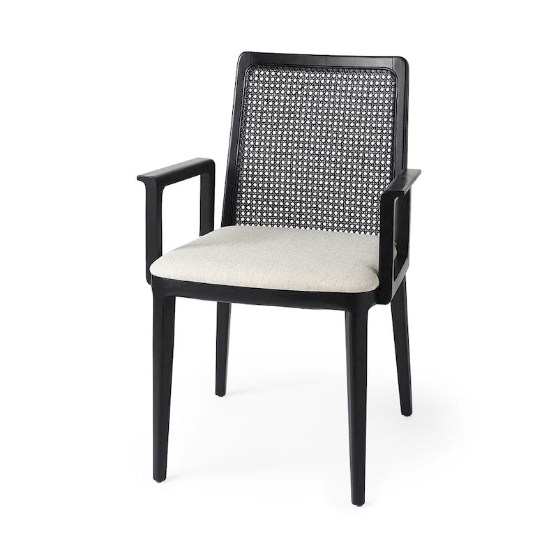 Chaise de salle à manger en bois massif avec assise en tissu crème et dossier en rotin