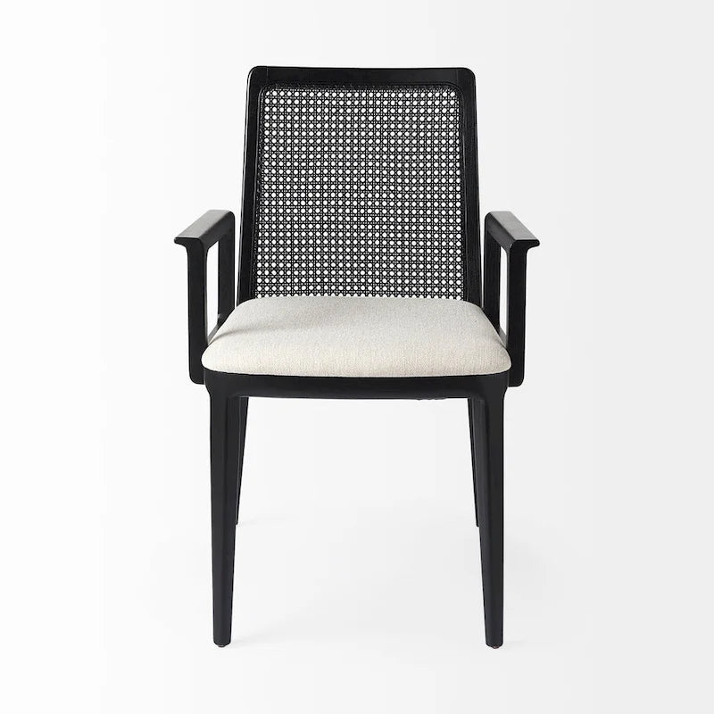 Chaise de salle à manger en bois massif avec assise en tissu crème et dossier en rotin