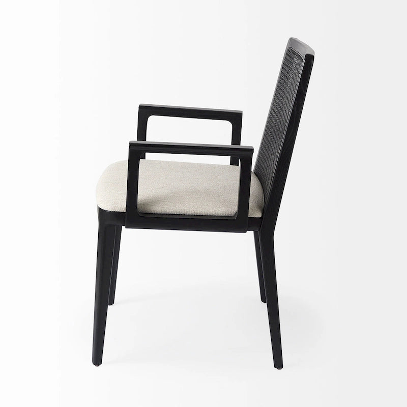 Chaise de salle à manger en bois massif avec assise en tissu crème et dossier en rotin