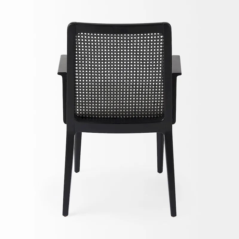 Chaise de salle à manger en bois massif avec assise en tissu crème et dossier en rotin