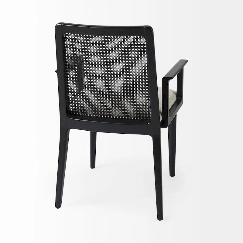 Chaise de salle à manger en bois massif avec assise en tissu crème et dossier en rotin