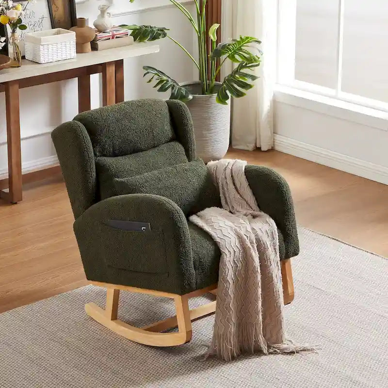 Fauteuil à bascule moderne à dossier haut pour salon, avec deux poches latérales