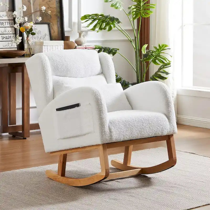 Fauteuil à bascule moderne à dossier haut pour salon, avec deux poches latérales