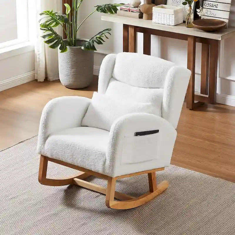Fauteuil à bascule moderne à dossier haut pour salon, avec deux poches latérales