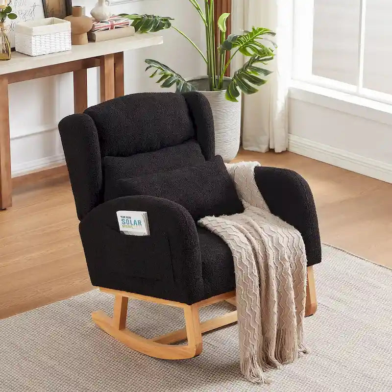 Fauteuil à bascule moderne à dossier haut pour salon, avec deux poches latérales
