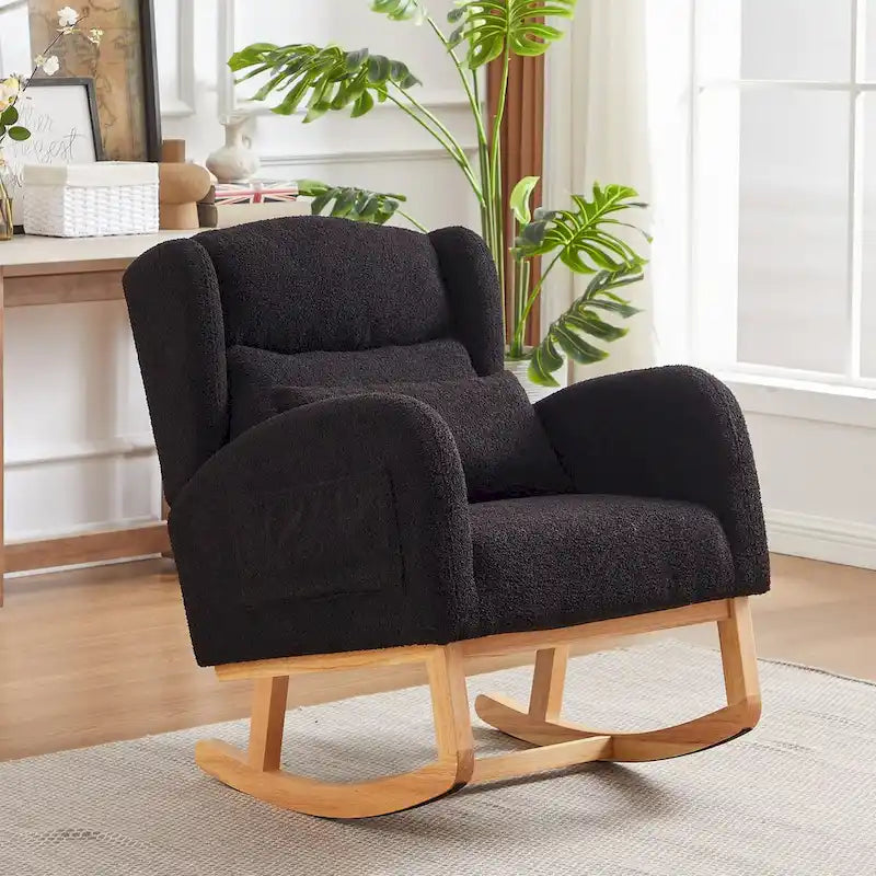 Fauteuil à bascule moderne à dossier haut pour salon, avec deux poches latérales