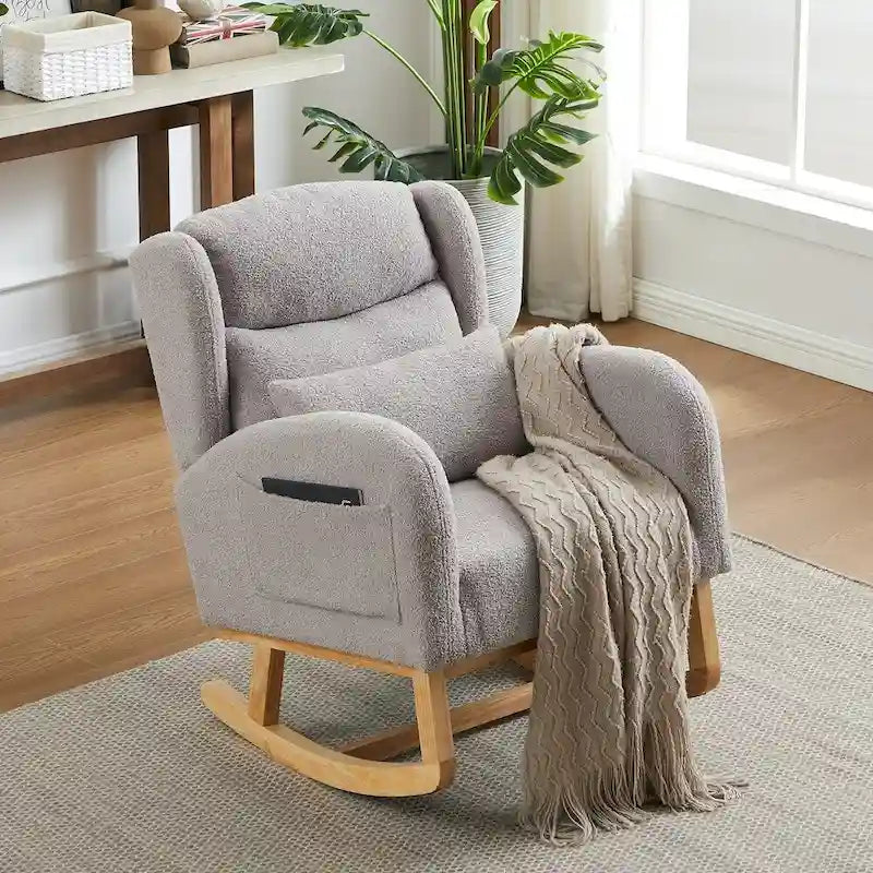 Fauteuil à bascule moderne à dossier haut pour salon, avec deux poches latérales