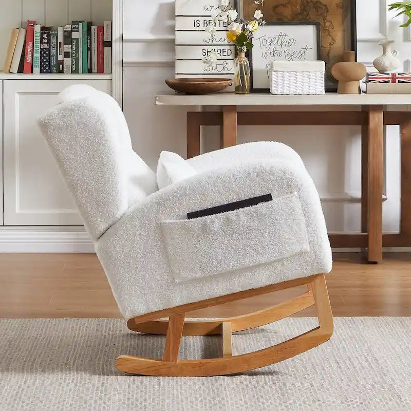 Fauteuil à bascule moderne à dossier haut pour salon, avec deux poches latérales