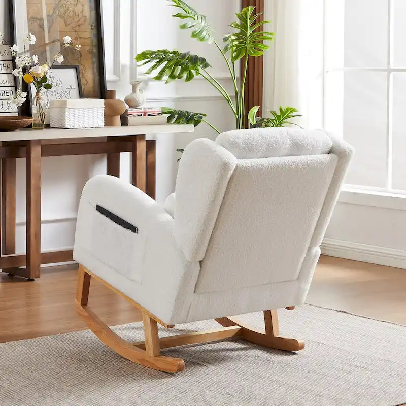 Fauteuil à bascule moderne à dossier haut pour salon, avec deux poches latérales