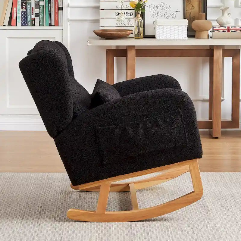 Fauteuil à bascule moderne à dossier haut pour salon, avec deux poches latérales