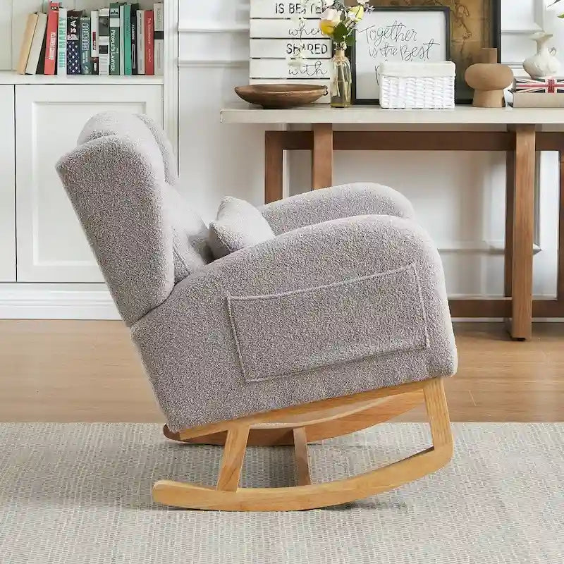Fauteuil à bascule moderne à dossier haut pour salon, avec deux poches latérales