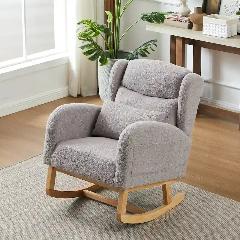 Fauteuil à bascule moderne à dossier haut pour salon, avec deux poches latérales