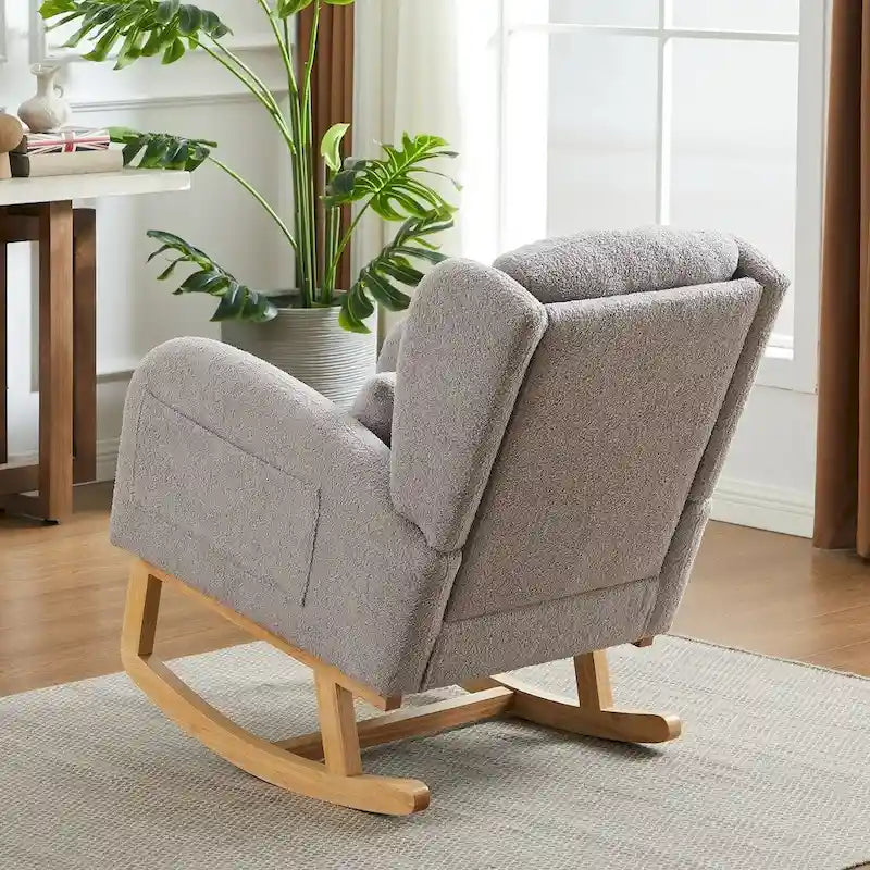 Fauteuil à bascule moderne à dossier haut pour salon, avec deux poches latérales