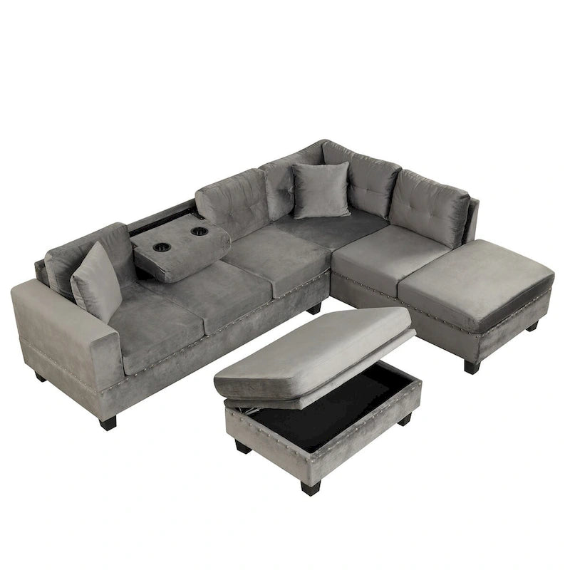 Canapé sectionnel moderne en L de 104,5 pouces avec pouf de rangement et méridienne réversible - 104,5 larg. x 74,5 prof. x 33,5 haut.
