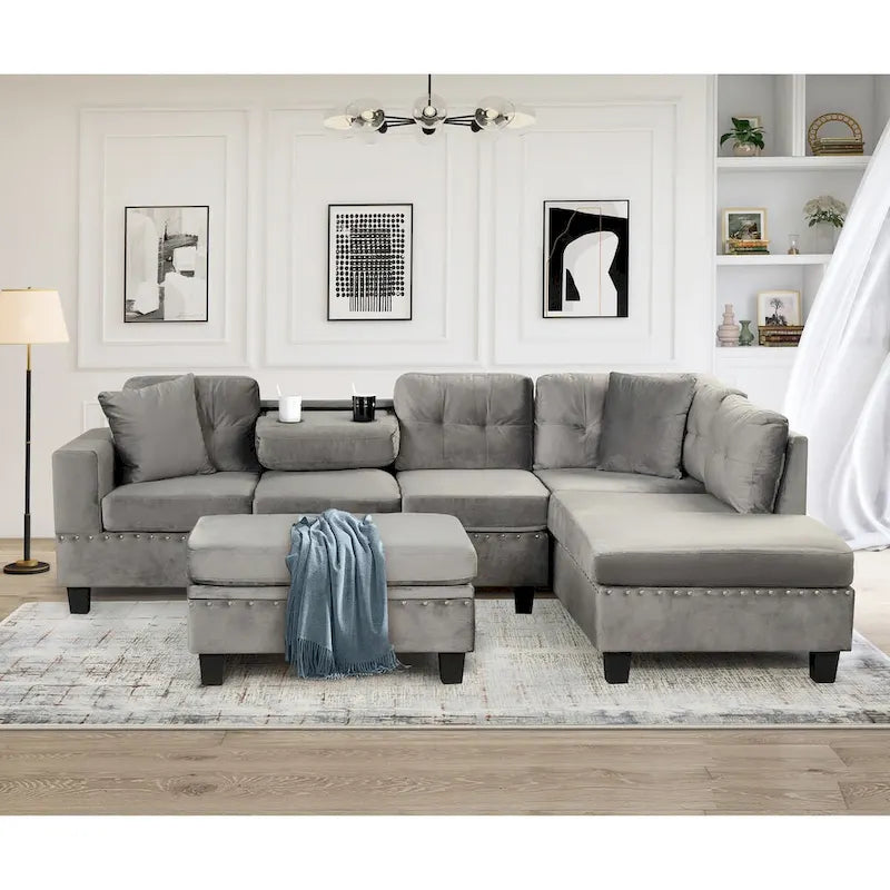 Canapé sectionnel moderne en L de 104,5 pouces avec pouf de rangement et méridienne réversible - 104,5 larg. x 74,5 prof. x 33,5 haut.