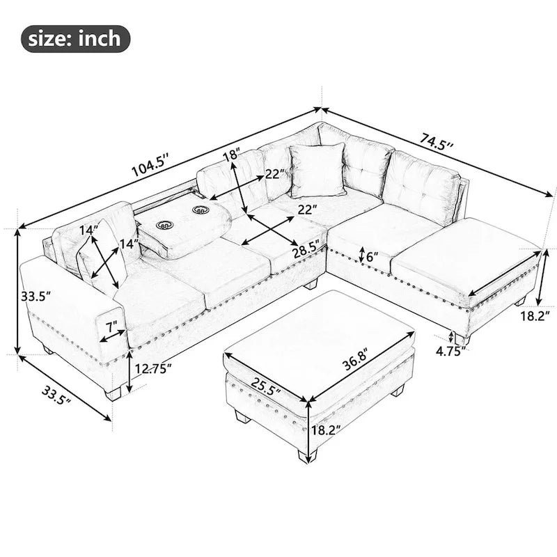 Canapé sectionnel moderne en L de 104,5 pouces avec pouf de rangement et méridienne réversible - 104,5 larg. x 74,5 prof. x 33,5 haut.