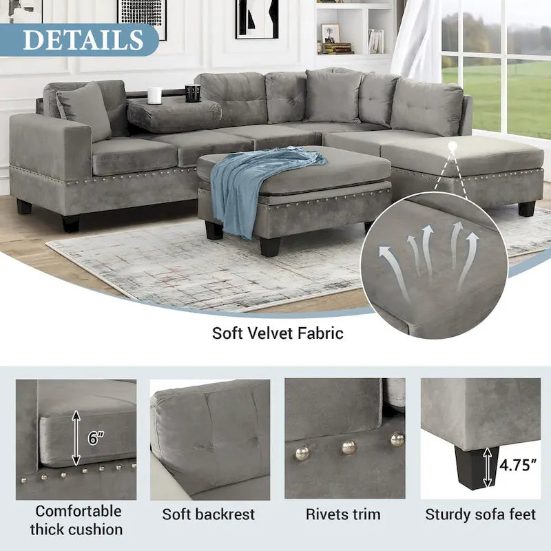Canapé sectionnel moderne en L de 104,5 pouces avec pouf de rangement et méridienne réversible - 104,5 larg. x 74,5 prof. x 33,5 haut.