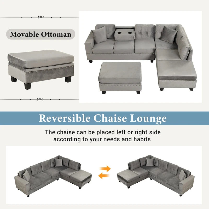 Canapé sectionnel moderne en L de 104,5 pouces avec pouf de rangement et méridienne réversible - 104,5 larg. x 74,5 prof. x 33,5 haut.