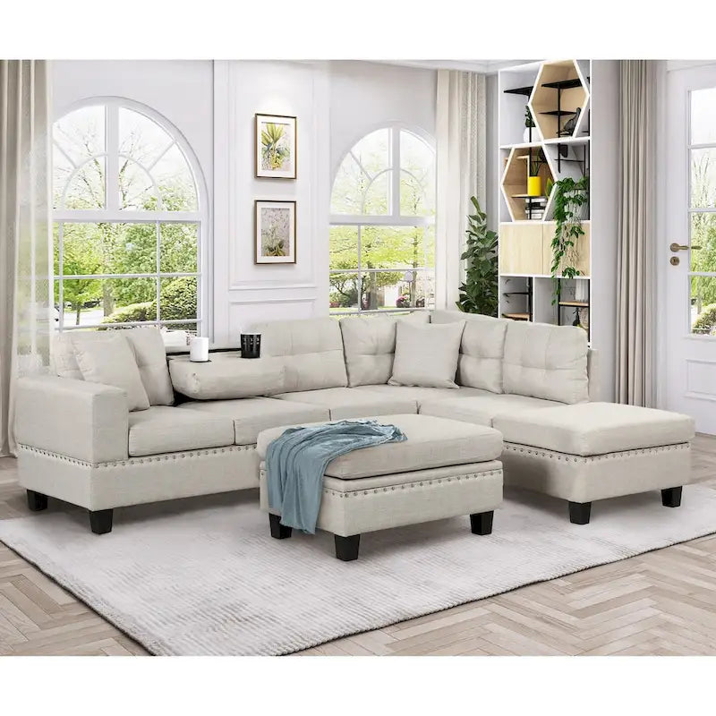 Canapé sectionnel moderne en L de 104,5 pouces avec pouf de rangement et méridienne réversible - 104,5 larg. x 74,5 prof. x 33,5 haut.