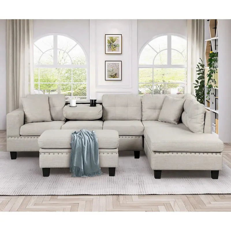 Canapé sectionnel moderne en L de 104,5 pouces avec pouf de rangement et méridienne réversible - 104,5 larg. x 74,5 prof. x 33,5 haut.