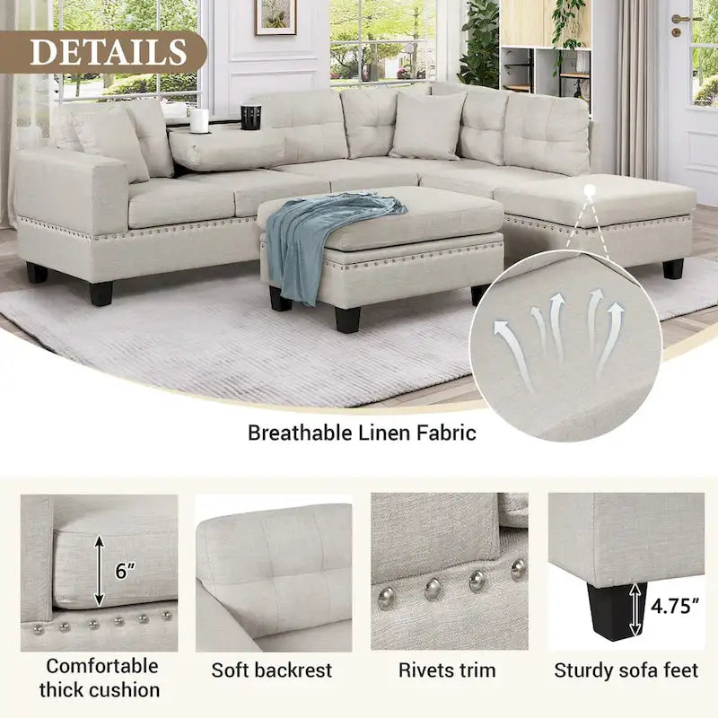 Canapé sectionnel moderne en L de 104,5 pouces avec pouf de rangement et méridienne réversible - 104,5 larg. x 74,5 prof. x 33,5 haut.