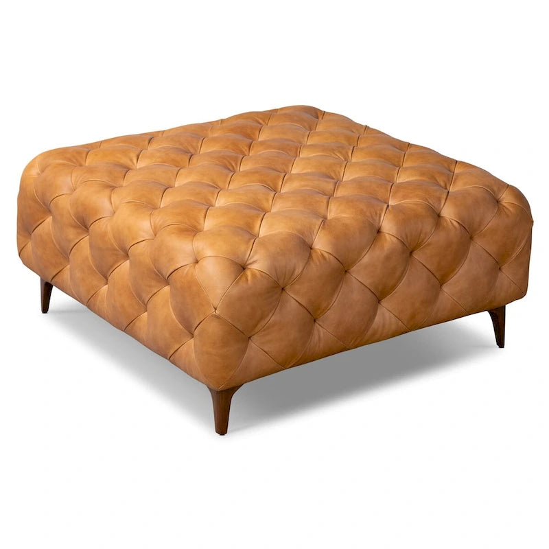 Pouffe en cuir italien pleine fleur couleur cognac