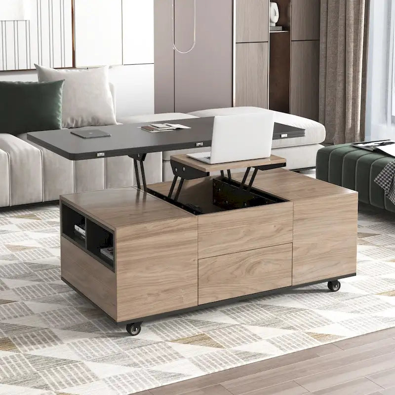 Table basse moderne à plateau relevable en noyer et blanc, table multifonctionnelle avec tiroirs et étagères
