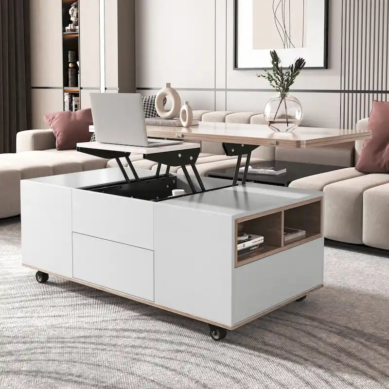 Table basse moderne à plateau relevable en noyer et blanc, table multifonctionnelle avec tiroirs et étagères