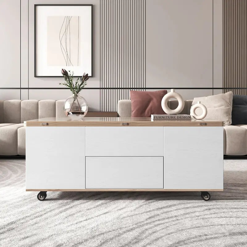 Table basse moderne à plateau relevable en noyer et blanc, table multifonctionnelle avec tiroirs et étagères
