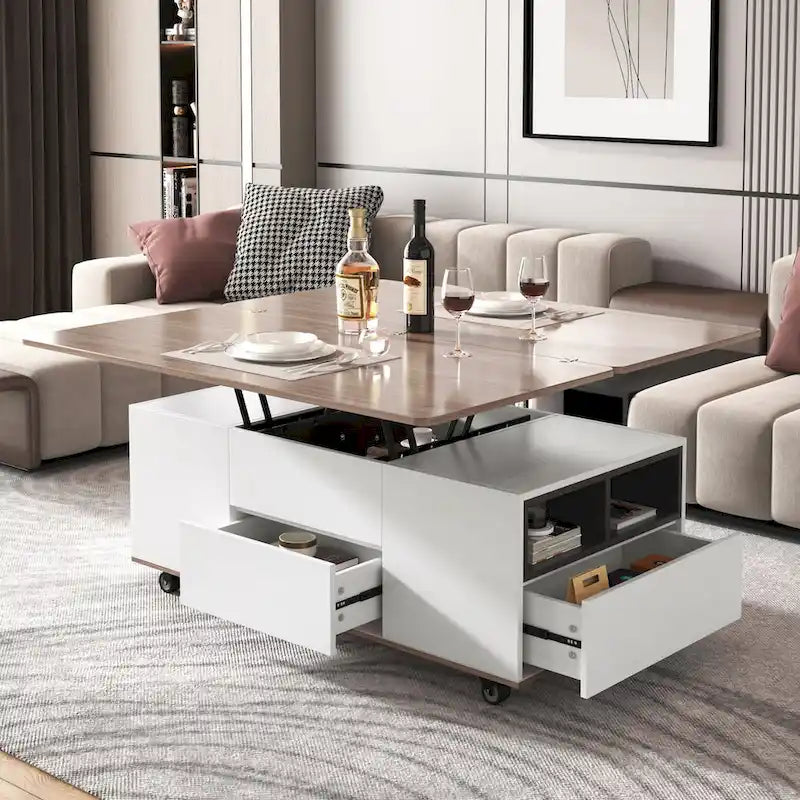 Table basse moderne à plateau relevable en noyer et blanc, table multifonctionnelle avec tiroirs et étagères