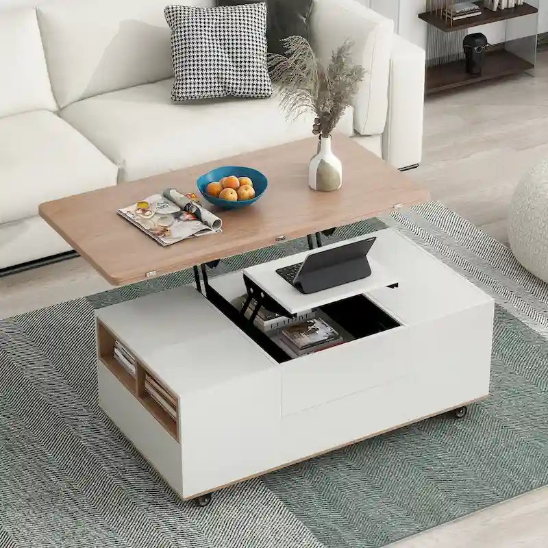 Table basse moderne à plateau relevable en noyer et blanc, table multifonctionnelle avec tiroirs et étagères