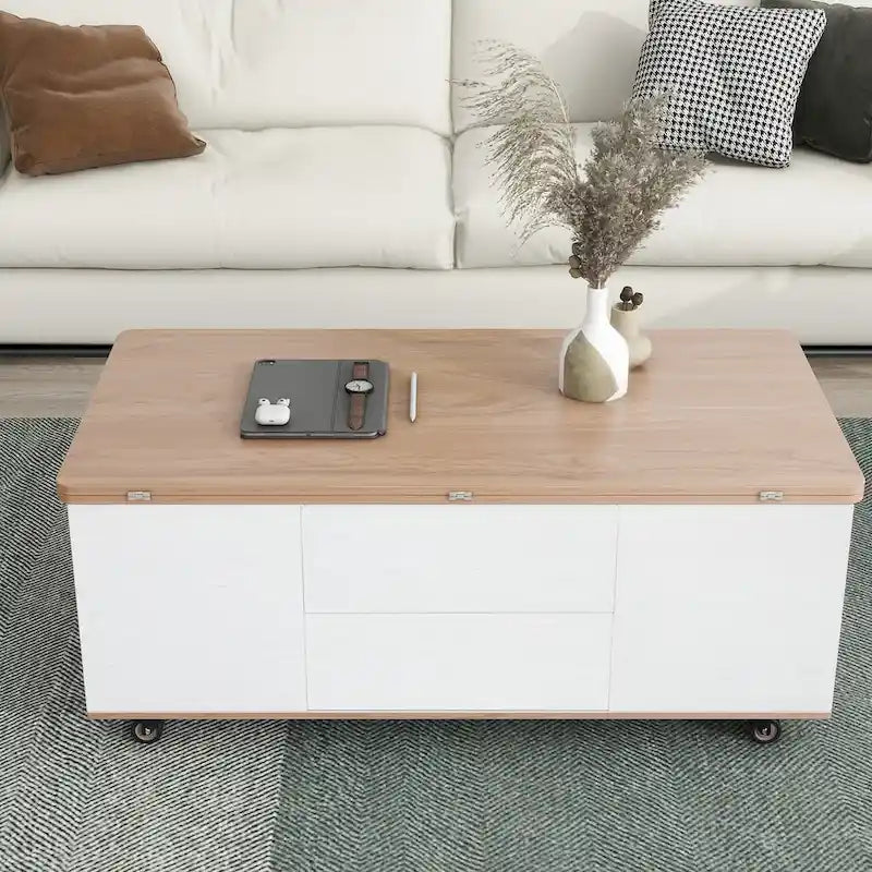 Table basse moderne à plateau relevable en noyer et blanc, table multifonctionnelle avec tiroirs et étagères