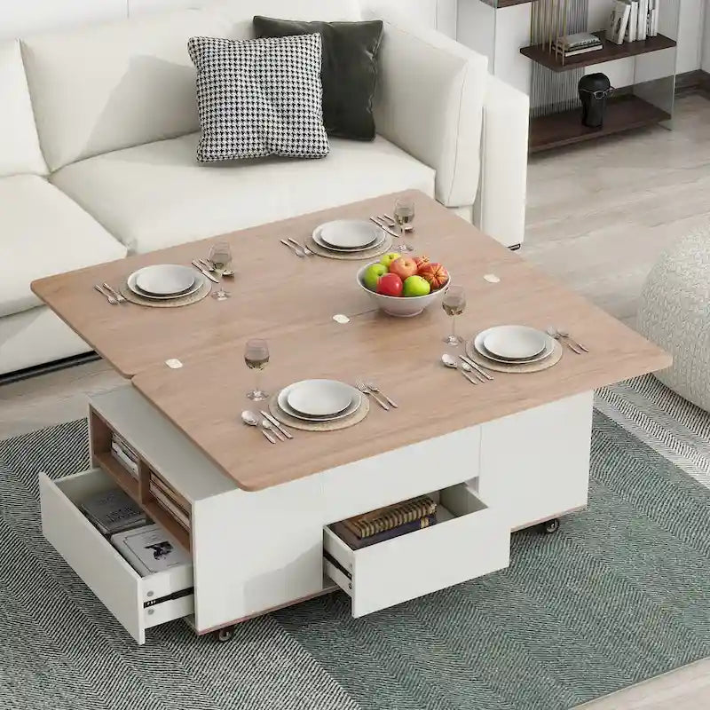 Table basse moderne à plateau relevable en noyer et blanc, table multifonctionnelle avec tiroirs et étagères