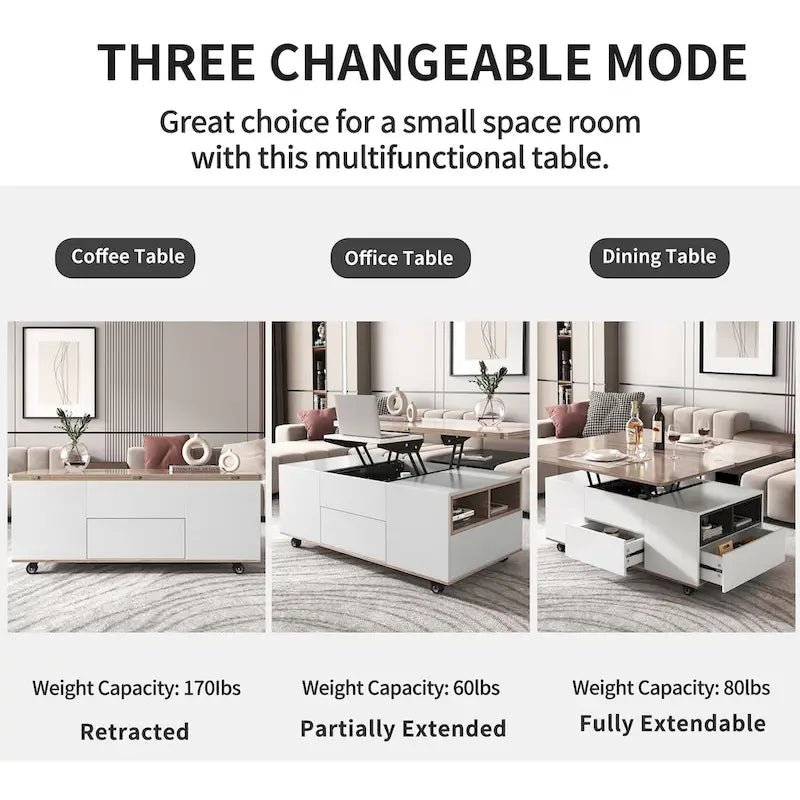 Table basse moderne à plateau relevable en noyer et blanc, table multifonctionnelle avec tiroirs et étagères