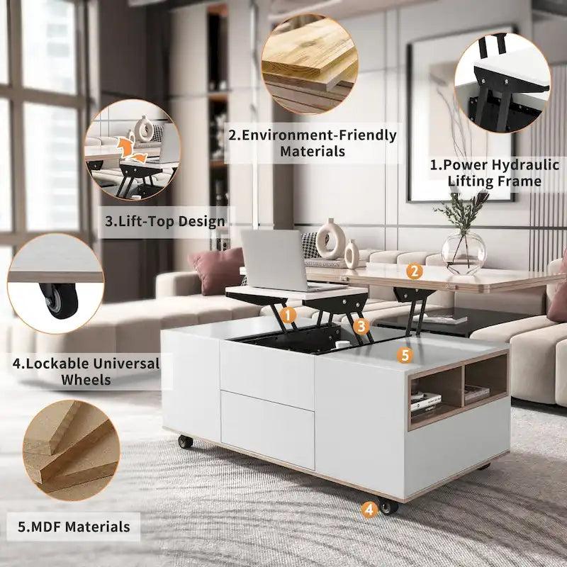 Table basse moderne à plateau relevable en noyer et blanc, table multifonctionnelle avec tiroirs et étagères