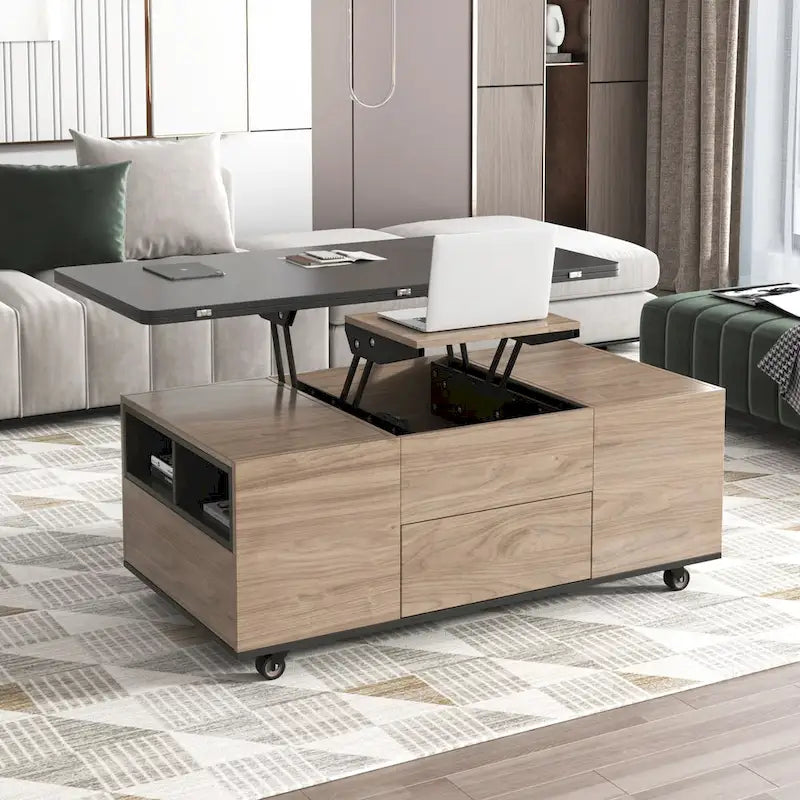 Table basse moderne à plateau relevable en noyer et blanc, table multifonctionnelle avec tiroirs et étagères