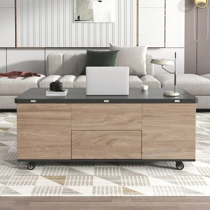 Table basse moderne à plateau relevable en noyer et blanc, table multifonctionnelle avec tiroirs et étagères