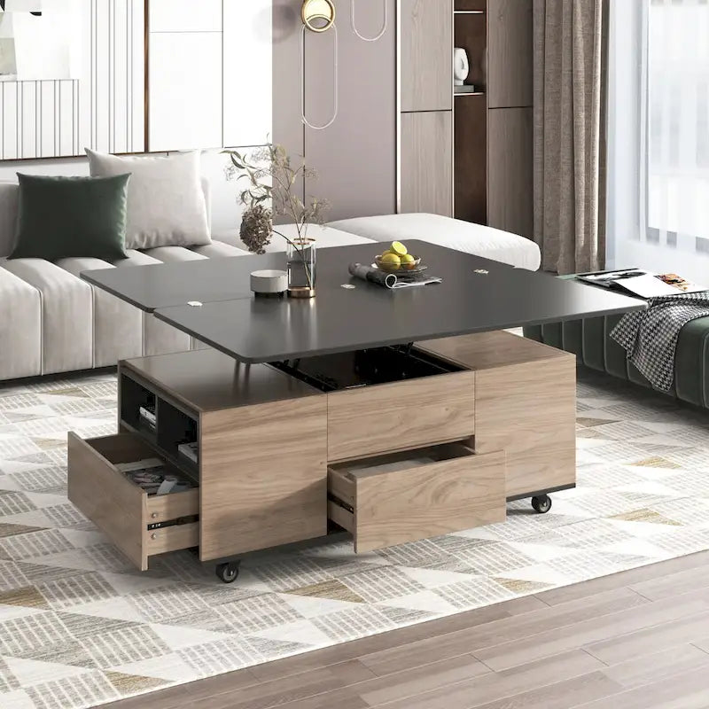 Table basse moderne à plateau relevable en noyer et blanc, table multifonctionnelle avec tiroirs et étagères