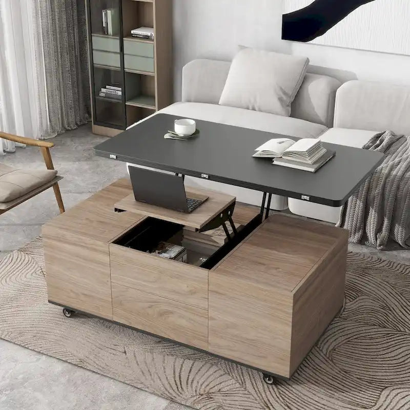 Table basse moderne à plateau relevable en noyer et blanc, table multifonctionnelle avec tiroirs et étagères
