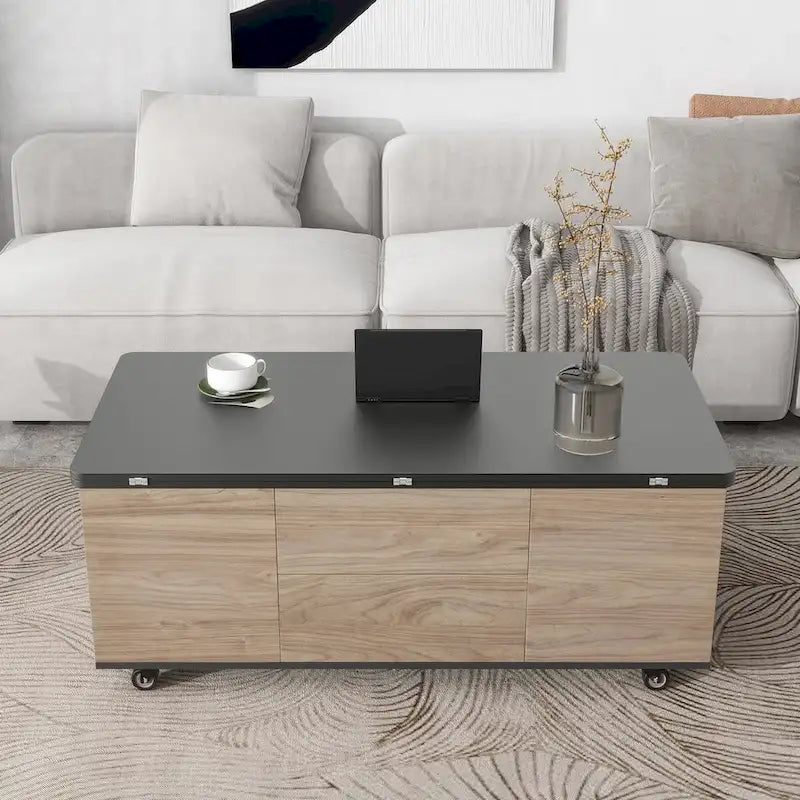 Table basse moderne à plateau relevable en noyer et blanc, table multifonctionnelle avec tiroirs et étagères